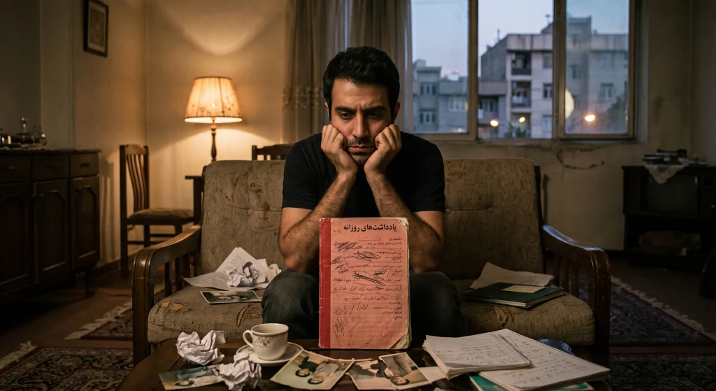 پرتره‌ای مستند و غمگین از مردی جوان در غروب آفتاب که در اتاقی به‌هم‌ریخته و کم‌نور در تهران، غمگین و متفکر روی مبل نشسته و به دفترچه یادداشت کهنه‌ای خیره شده است. کاغذهای مچاله شده و عکس‌های قدیمی کهنه پیرامون او پراکنده‌اند که نمادی از تکرار افکار منفی، شکست‌ها و خاطرات ناراحت‌کننده گذشته و وضعیت ذهنی نشخوار فکری است.